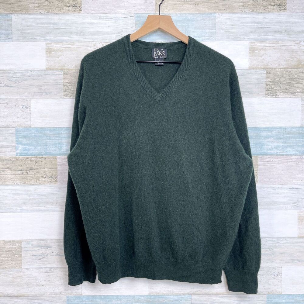 Jos A Bank Travelers Cashmere Sweater Dark Green V Neck Mens Medium